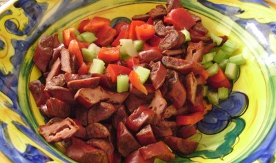 Potato salad ingredients - cabanossi, capsicum, . . . anything.